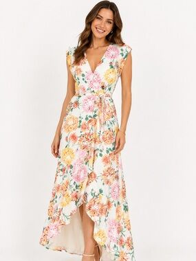 Yumi Kim Santorini Wrap Dress Large NWT Ivory Floral High Low Ruffle